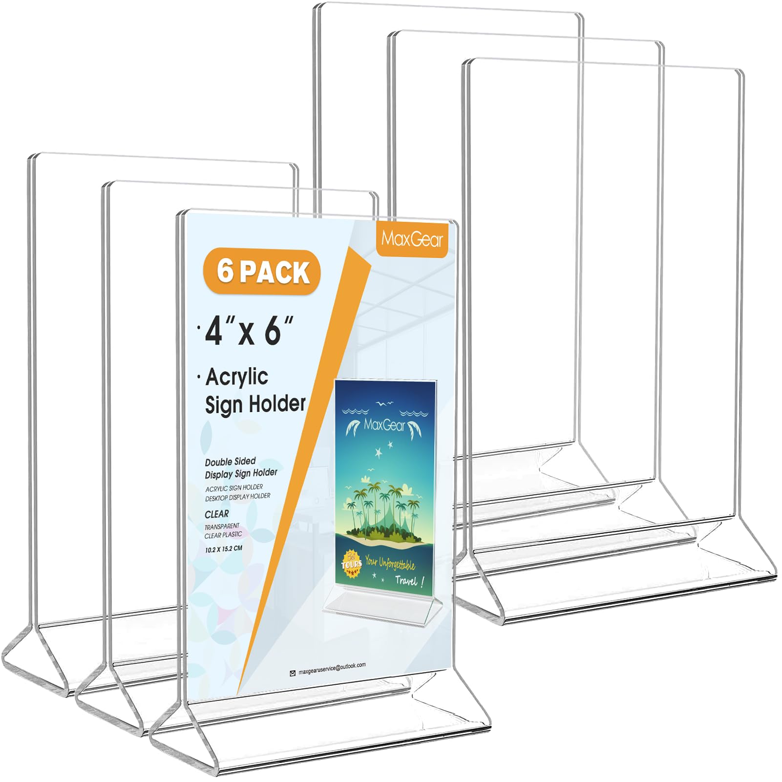 MaxGear Acrylic Sign Holder-Table Card Display-4 X 6 inches Clear Sign Display Holder-Plastic Table Menu Stand -Double Sided Ad Picture Frame for Office, Home, Store, Restaurant, 6 Pack