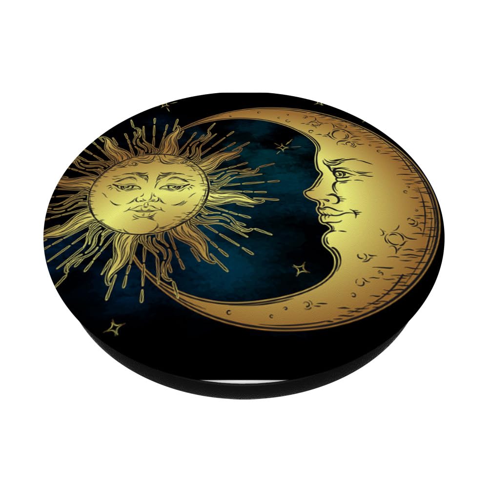 Boho Chic Golden Sun Crescent Moon And Stars Over Dark Sky PopSockets PopGrip: Swappable Grip for Phones & Tablets PopSockets Standard PopGrip