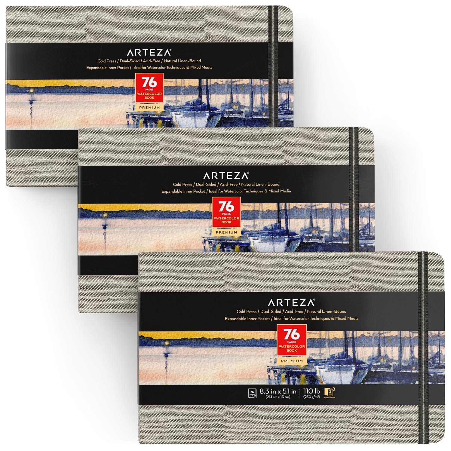 ARTEZA Watercolor Book, Pack of 3, 76 Pages Each, 5.1x8.3 Inch Watercolor Notebook, 110lb/230gsm Cold Pressed Water Pad