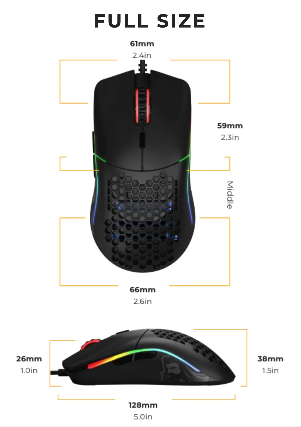 Glorious Model O Wired Gaming Mouse 67g Superlight Honeycomb Design, RGB, Pixart 3360 Sensor, Omron Switches, Ambidextrous - Matte Black