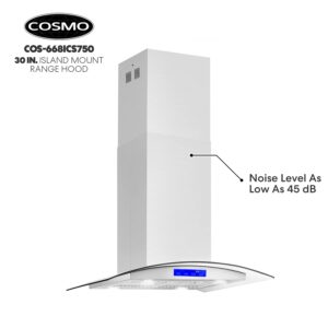 COSMO 668ICS750 30 in. Island Mount Range Hood with 380 CFM, Soft Touch Controls, Permanent Filters, LED Lights, Tempered Glass Visor in Stainless Steel