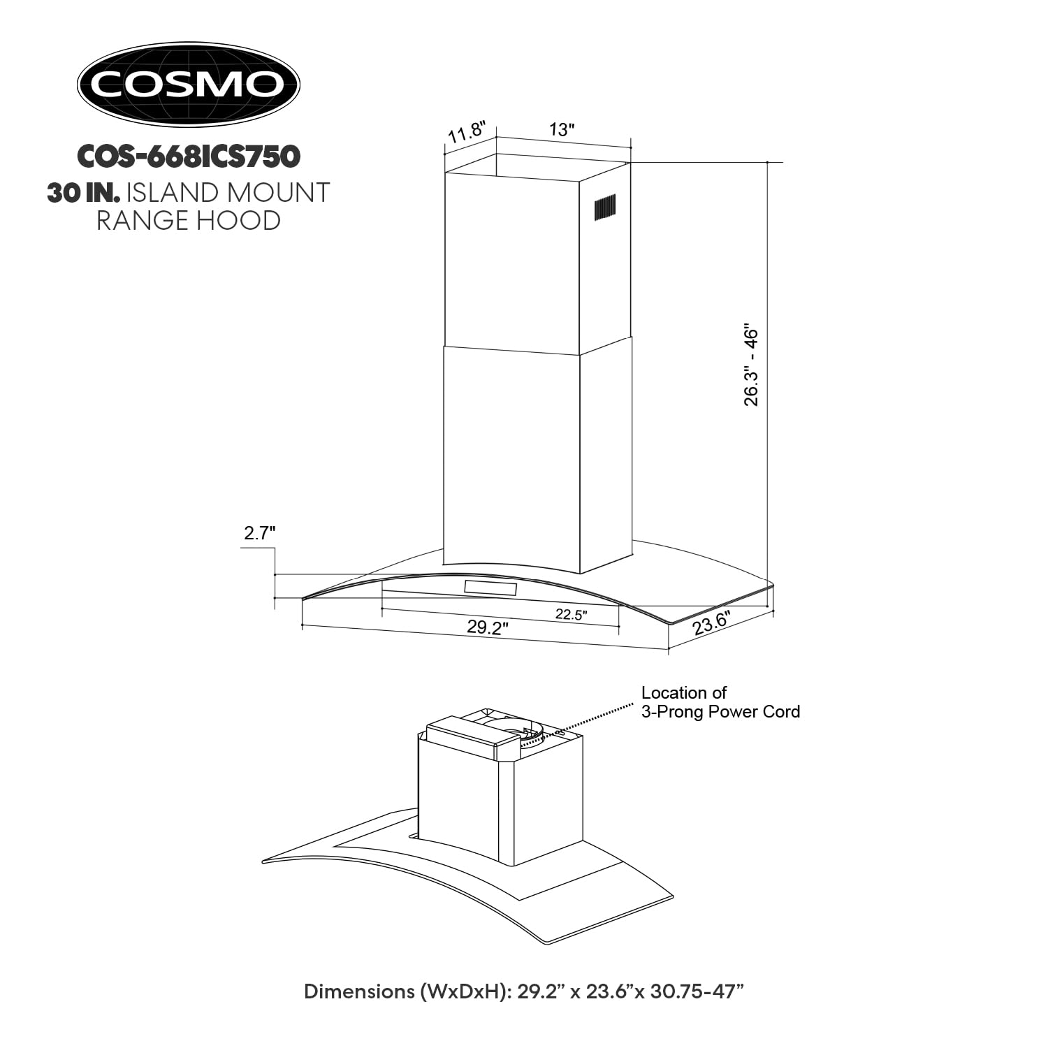 COSMO 668ICS750 30 in. Island Mount Range Hood with 380 CFM, Soft Touch Controls, Permanent Filters, LED Lights, Tempered Glass Visor in Stainless Steel