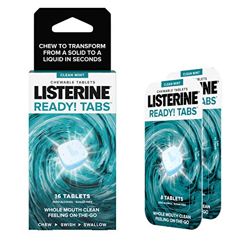 Listerine Ready! Tabs Chewable Mint Tablets with Clean Mint Flavor, Revolutionary 4-Hour Fresh Breath Tablets to Help Fight Bad Breath On-The-Go, Sugar-Free, Alcohol-Free & Kosher, 16 Count