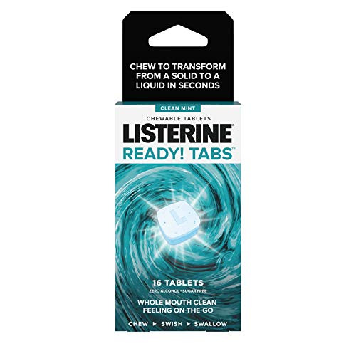 Listerine Ready! Tabs Chewable Mint Tablets with Clean Mint Flavor, Revolutionary 4-Hour Fresh Breath Tablets to Help Fight Bad Breath On-The-Go, Sugar-Free, Alcohol-Free & Kosher, 16 Count