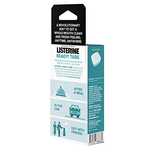 Listerine Ready! Tabs Chewable Mint Tablets with Clean Mint Flavor, Revolutionary 4-Hour Fresh Breath Tablets to Help Fight Bad Breath On-The-Go, Sugar-Free, Alcohol-Free & Kosher, 16 Count