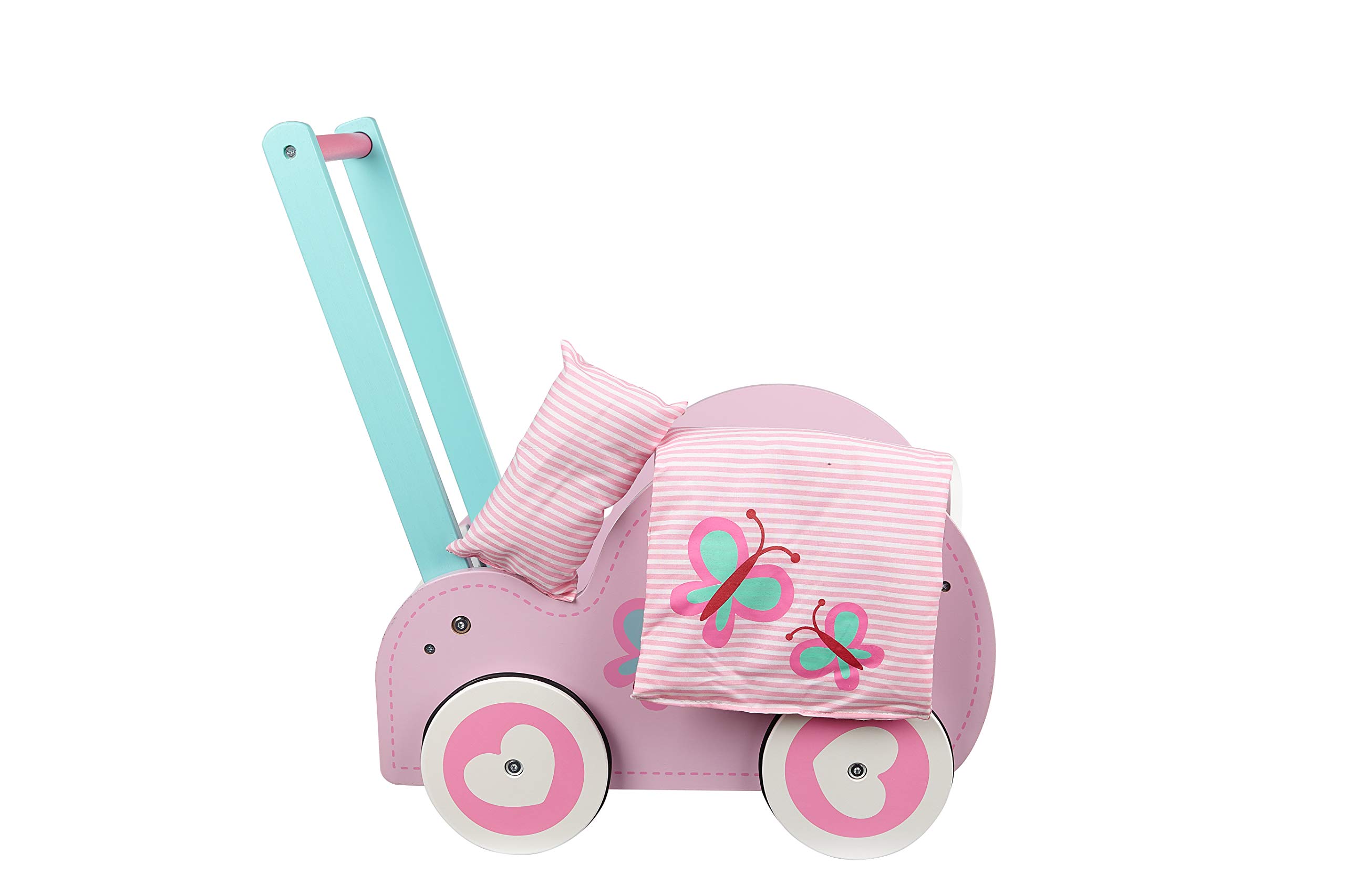 Toysters Wooden Push Walker Wagon for Toddlers | Adorable Baby Doll Carrier Buggy | Push Along Walking Toy and Doll Pram | Includes Stroller Mattress and Pillow | AT150