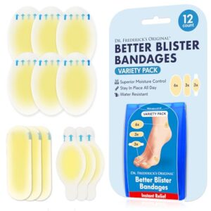 dr. frederick's original better blister bandages - 12ct - water resistant - 25% more cushioning - hydrocolloid bandages for foot, toe, & heel - blister pads for prevention & recovery - variety pack