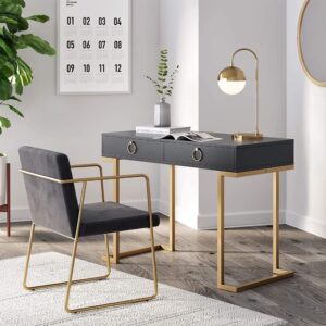 Nathan James Leighton Two-Drawer Writing Glam Accents Brass, Home Office Computer Desk or Vanity Table, 2, Black/Gold