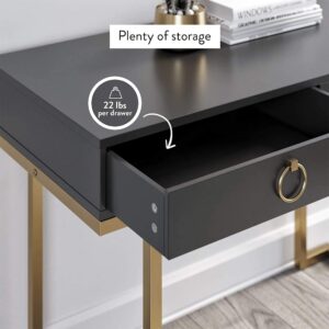 Nathan James Leighton Two-Drawer Writing Glam Accents Brass, Home Office Computer Desk or Vanity Table, 2, Black/Gold