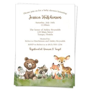 woodland friends baby shower invitation watercolor forest friends available for girls boys gender neutral unisex woods fox deer bear country personalized customized printed cards (12 count)