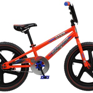 Mongoose Stun Freestyle BMX Kids Bike, Mag Wheels, Small Stand-Over Steel Frame, Chain Guard, Foot Brake, Boys and Girls 5 - 7 Years Old, 18-Inch Wheels, Blue/Orange