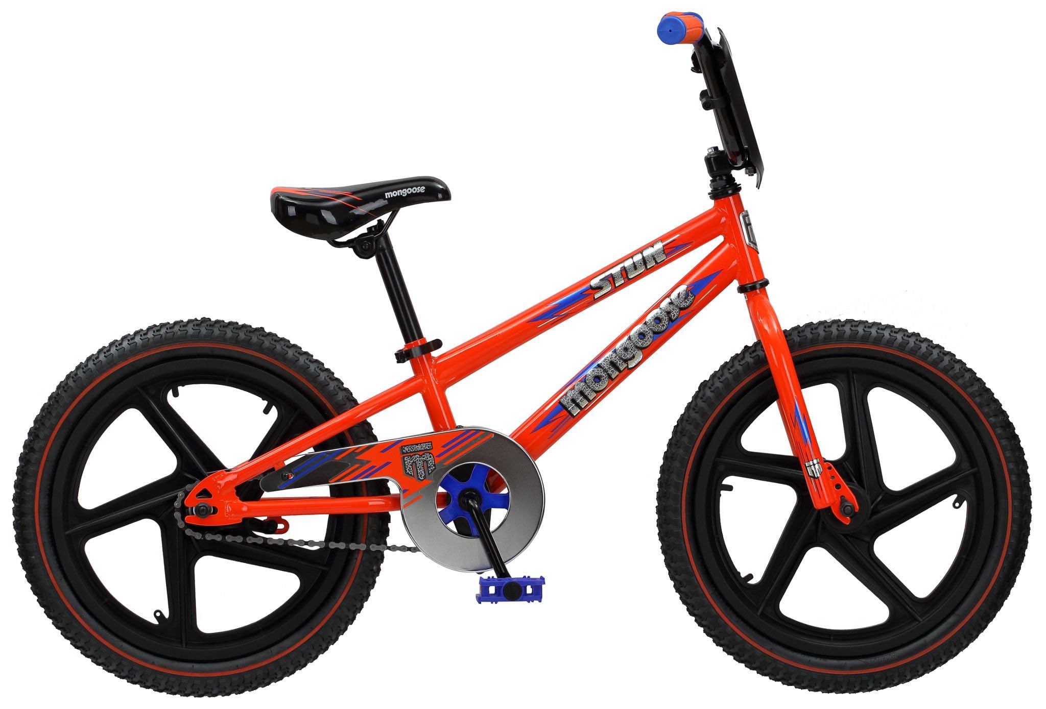 Mongoose Stun Freestyle BMX Kids Bike, Mag Wheels, Small Stand-Over Steel Frame, Chain Guard, Foot Brake, Boys and Girls 5 - 7 Years Old, 18-Inch Wheels, Blue/Orange