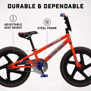 Mongoose Stun Freestyle BMX Kids Bike, Mag Wheels, Small Stand-Over Steel Frame, Chain Guard, Foot Brake, Boys and Girls 5 - 7 Years Old, 18-Inch Wheels, Blue/Orange