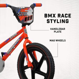 Mongoose Stun Freestyle BMX Kids Bike, Mag Wheels, Small Stand-Over Steel Frame, Chain Guard, Foot Brake, Boys and Girls 5 - 7 Years Old, 18-Inch Wheels, Blue/Orange