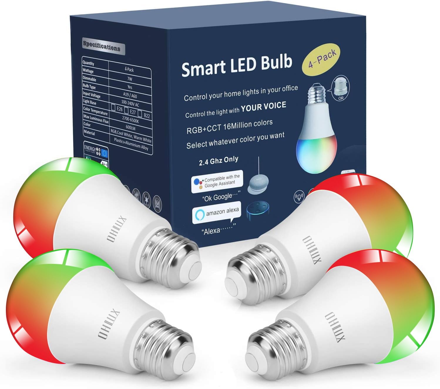 Smart Light Bulbs,Color Changing Light Bulbs That Work with Alexa and Google Assistant,2.4GHz WiFi & Bluetooth Music Sync Multicolor LED Bulbs,7W(60W Eqv.) E26 A19 for Smart Home Lighting-4PACK