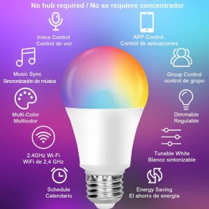 Smart Light Bulbs,Color Changing Light Bulbs That Work with Alexa and Google Assistant,2.4GHz WiFi & Bluetooth Music Sync Multicolor LED Bulbs,7W(60W Eqv.) E26 A19 for Smart Home Lighting-4PACK