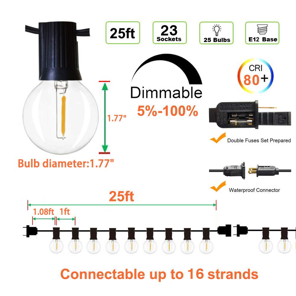 Svater Globe String Lights Outdoor, 25FT Led Patio Lights with 23pcs E12 Socket, 25Pcs G40 1W Clear Glass Bulbs String for Cafe Bistro Backyard Garden