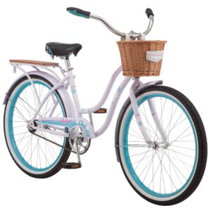 schwinn destiny beach cruiser bike for men women, ages 8 up or rider height 4'8" to 5'6", 24-inch wheels, single speed, rear cargo rack, purple