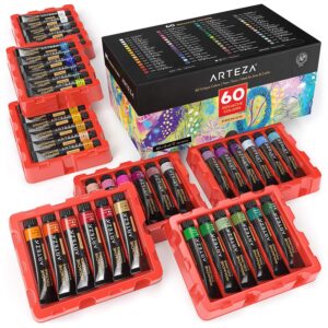 arteza gouache paint, set of 60, 12ml/0.4 us fl oz gouache paint tubes for professionals and students