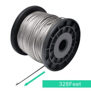 wire rope, 1/16 wire rope, stainless steel 304 wire cable, 328ft length aircraft cable with 100pcs sleeves stops, 7x7 strand core, 368 lbs breaking strength perfect for outdoor,yard,garden or crafts