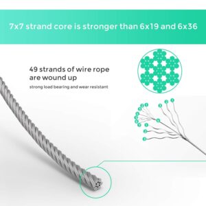 Wire Rope, 1/16 Wire Rope, Stainless Steel 304 Wire Cable, 328FT Length Aircraft Cable with 100pcs Sleeves Stops, 7x7 Strand Core, 368 lbs Breaking Strength Perfect for Outdoor,Yard,Garden or Crafts
