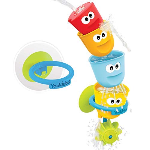 Yookidoo Baby Bath Toys - Fill 'N' Spill Set of Four Stackable Cups with Suction Cup Ring Holder and Water Wheel- Sensory Toy for Bath Time - Attaches to Any Bath Tub