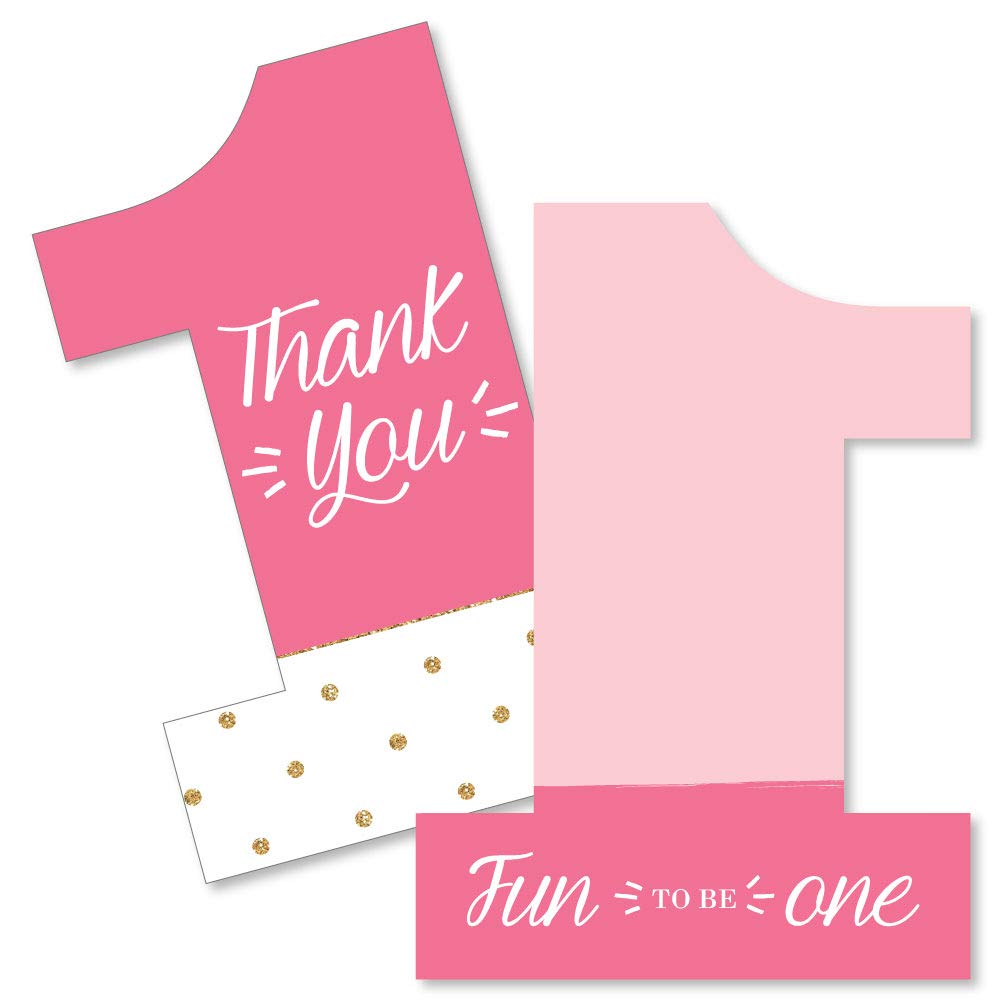 Big Dot of Happiness 1st Birthday Girl - Fun to be One - Shaped Thank You Note Cards with Envelopes - First Birthday Party - Set of 12