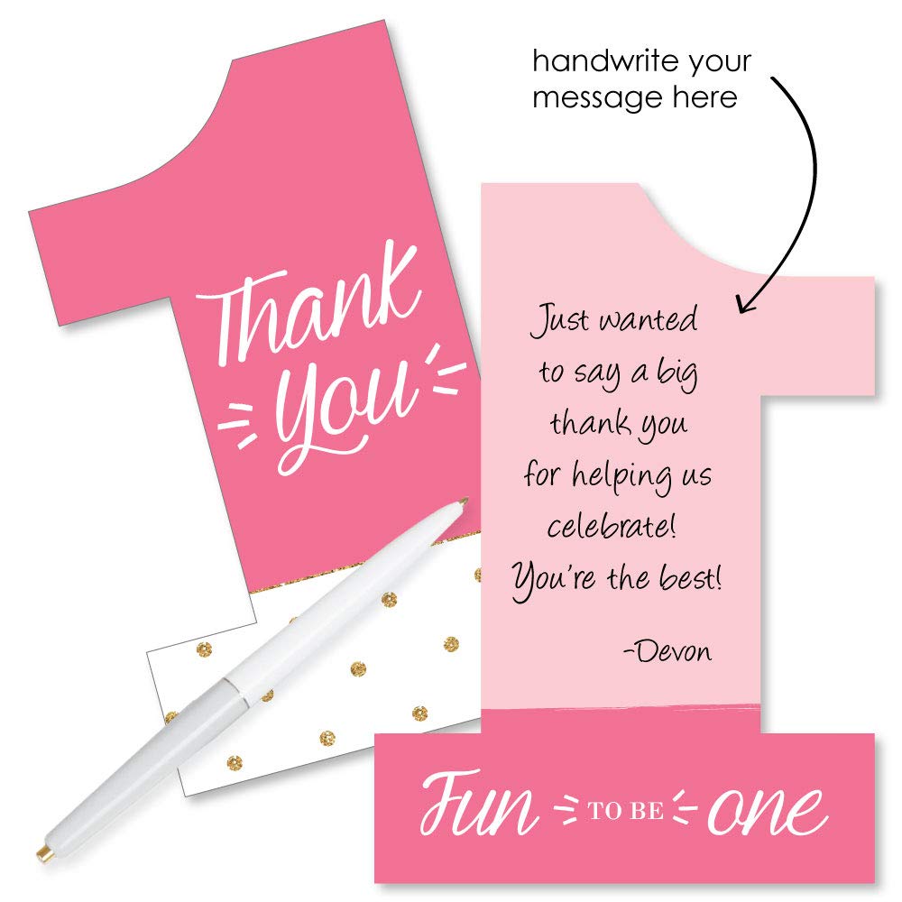 Big Dot of Happiness 1st Birthday Girl - Fun to be One - Shaped Thank You Note Cards with Envelopes - First Birthday Party - Set of 12