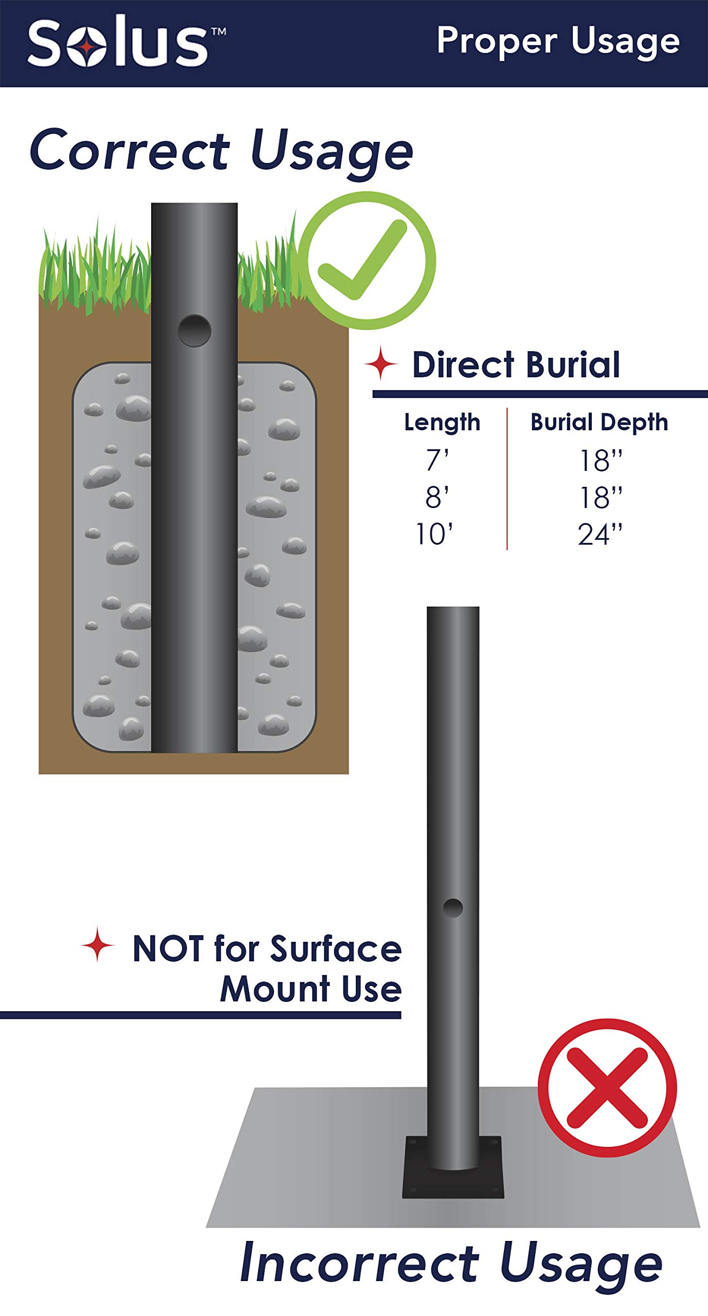 Solus SP7-NCA-BK 7' Outdoor Direct Burial Aluminum Lamp Post, Fits Most Standard 3" Post Top Fixtures, Includes Inlet Hole, Easy to Install, Corrosion & Weather Resistant, Black