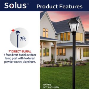 Solus SP7-NCA-BK 7' Outdoor Direct Burial Aluminum Lamp Post, Fits Most Standard 3" Post Top Fixtures, Includes Inlet Hole, Easy to Install, Corrosion & Weather Resistant, Black