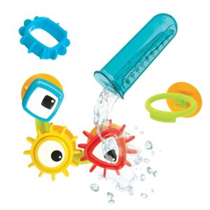 yookidoo baby bath toy - spin 'n' sort water gear - childrens sensory water wheel set that attaches to any size tub - includes suction cups, 3 googly eye gears, and pourers