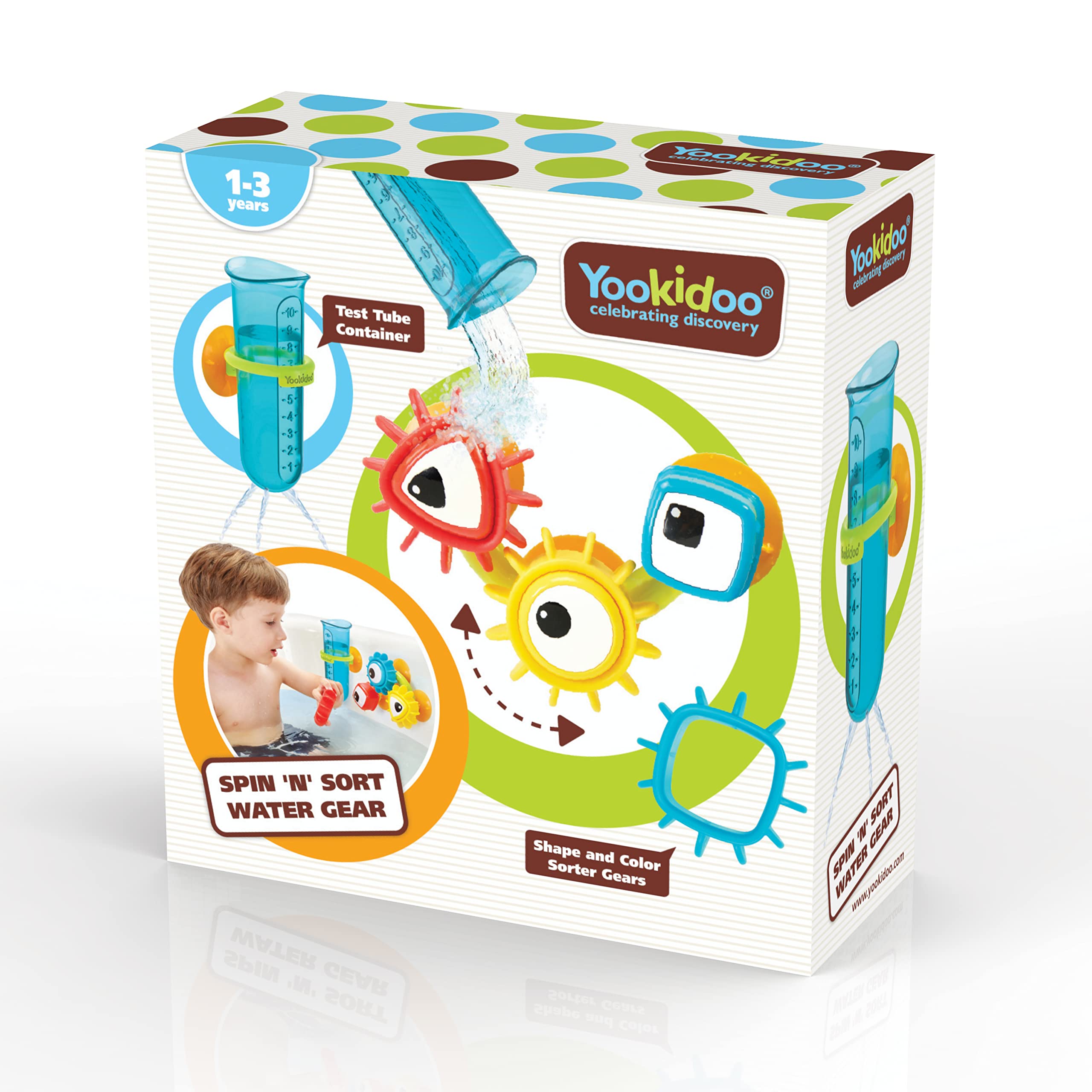 Yookidoo Baby Bath Toy - Spin 'N' Sort Water Gear - Childrens Sensory Water Wheel Set That Attaches to Any Size Tub - Includes Suction Cups, 3 Googly Eye Gears, and Pourers