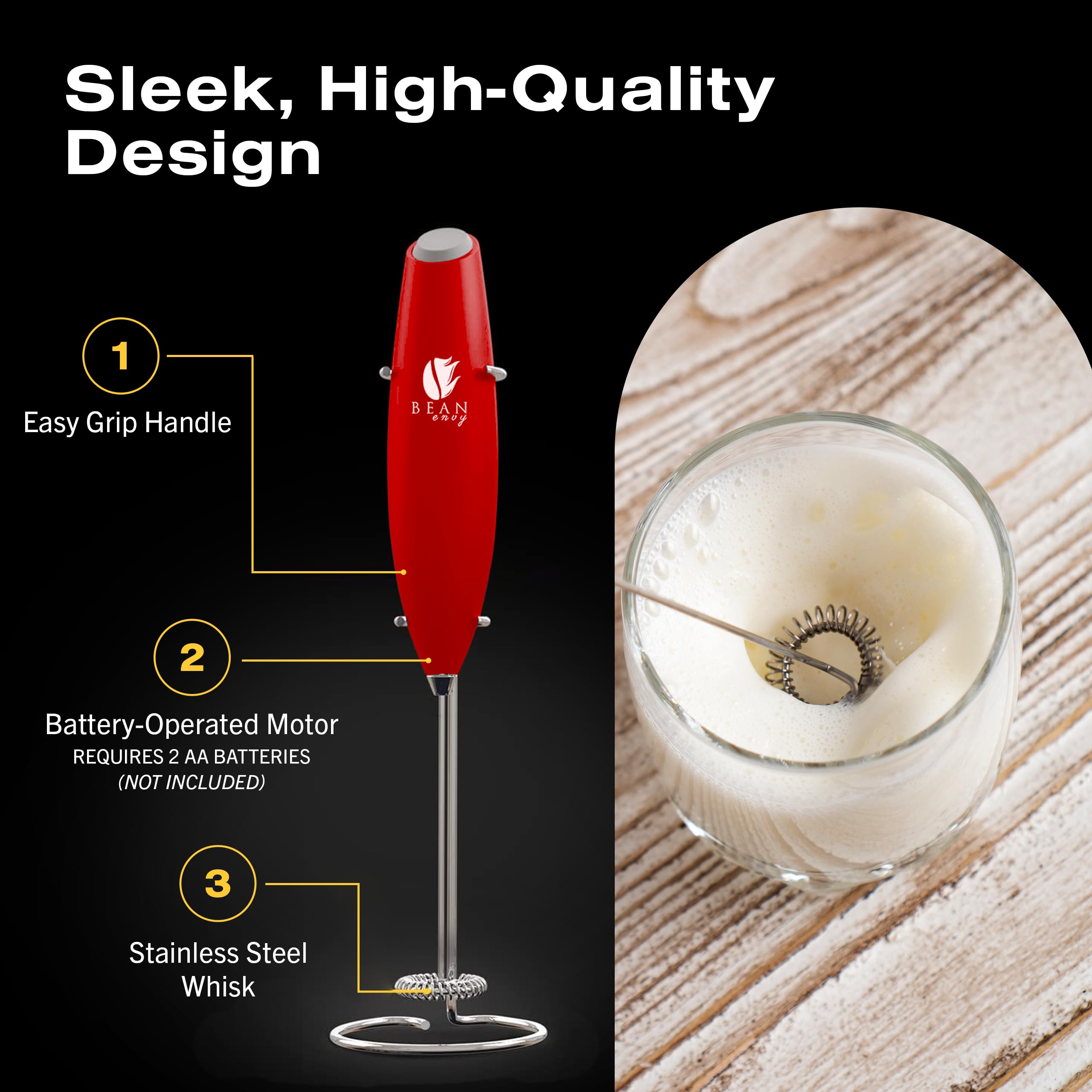 Bean Envy Milk Frother Handheld for Coffee - Electric Hand Blender, Mini Drink Mixer Whisk & Coffee Foamer Wand with Stand for Lattes, Cappuccino, Matcha and Hot Chocolate - Kitchen Gifts - Red