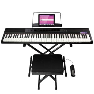 RockJam 88-Key Beginner Digital Piano with Full-Size Semi-Weighted Keys, Power Supply, Keyboard Stand, Keyboard Bench, Sustain Pedal, Simply Piano App Content & Key Note Stickers