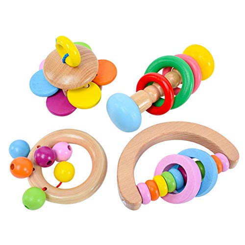 Toyfun Baby Rattle Set 4 Pack Colorful Wooden Educational Grasping Rattle for Newborn Montessori Hand Bell Toy Suitable from Birth