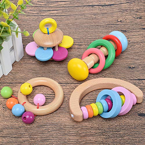 Toyfun Baby Rattle Set 4 Pack Colorful Wooden Educational Grasping Rattle for Newborn Montessori Hand Bell Toy Suitable from Birth