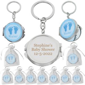 12 PCS Personalized Baby Shower Blue Boy Mirror Keychain Favors with Baby Footprint Design Custom Engraving Gift