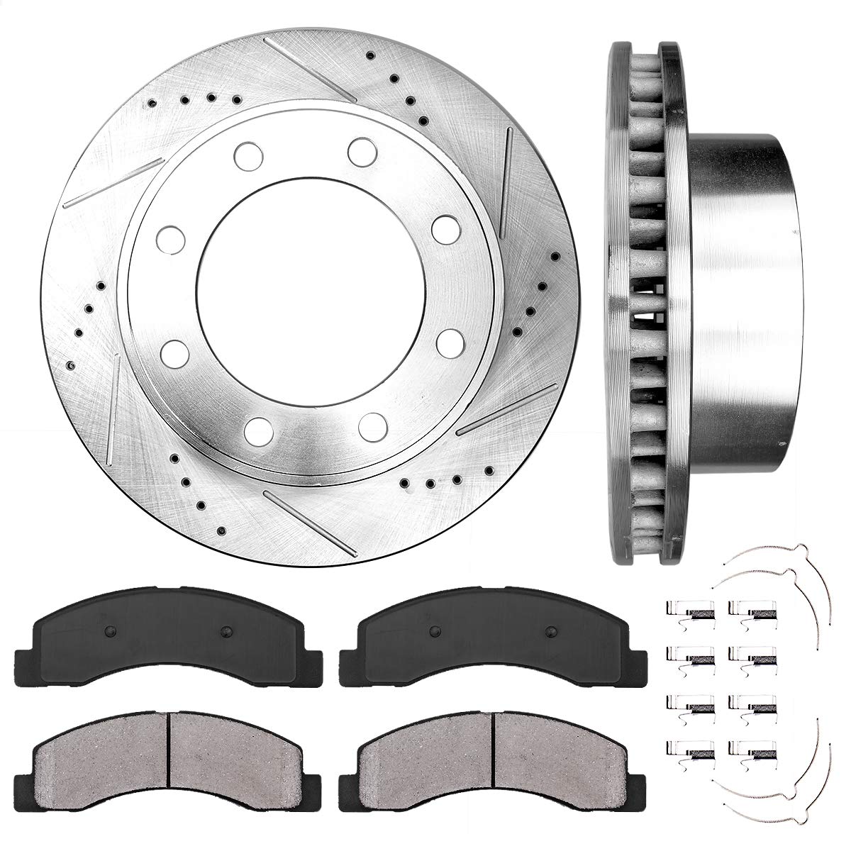 Callahan Front Brake Kit for 4WD 1999-2004 Ford Excursion F-250 F-350 Super Duty Drilled & Slotted Brake Rotors and Ceramic Brakes Pads 2000 2001 2002 2003 Replacement: 13.03" inch Rotors