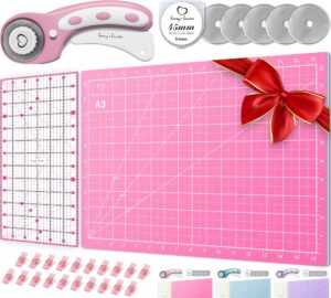 rotary cutter set pink - quilting kit incl. 45mm fabric cutter, 5 replacement blades, a3 cutting mat, acrylic ruler and craft clips - ideal for crafting, sewing, patchworking, crochet & knitting x