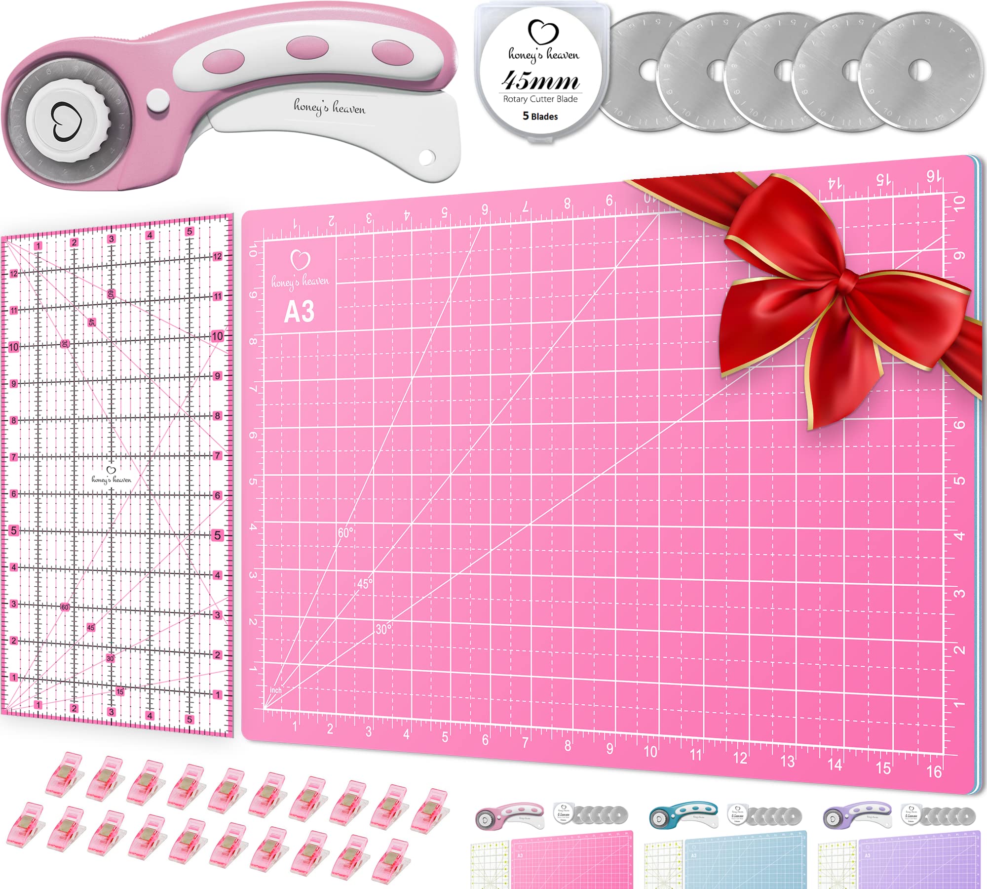 Rotary Cutter Set pink - Quilting Kit incl. 45mm Fabric Cutter, 5 Replacement Blades, A3 Cutting Mat, Acrylic Ruler and Craft Clips - Ideal for Crafting, Sewing, Patchworking, Crochet & Knitting x