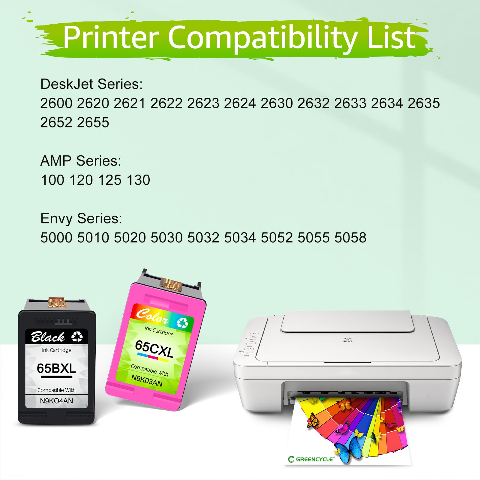 greencycle 65XL High Yield Ink Cartridges Remanufactured Replacement for HP Ink 65 Black and Color Combo Pack Compatible with Envy 5055 5052 5058 Deskjet 2655 2622 3720 3730 3752 3758 Series Printer