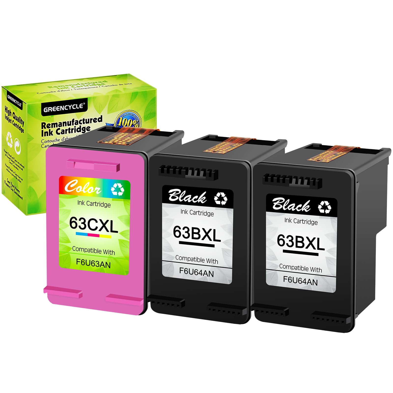 greencycle Re-Manufactured 63XL 63BXL 63CXL Ink Cartridge Compatible for HP Envy 4520 4510 OfficeJet 4650 3830 5255 5258 DeskJet 1110 2130 3636, with New Version chip (Black 2 Pack, Tir-Color 1 Pack)