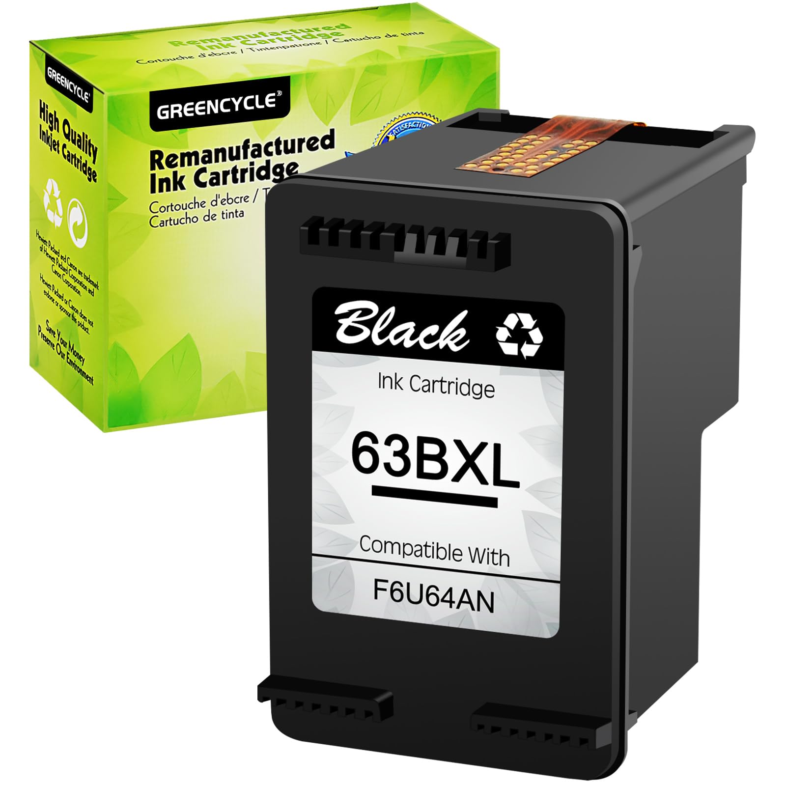 greencycle Re-Manufactured 63XL 63BXL Black Ink Cartridge Compatible for HP Envy 4520 4510 OfficeJet 4650 4658 3830 5255 5258 DeskJet 1110 2130 2136 3636, with New Version chip (Black, 1 Pack)