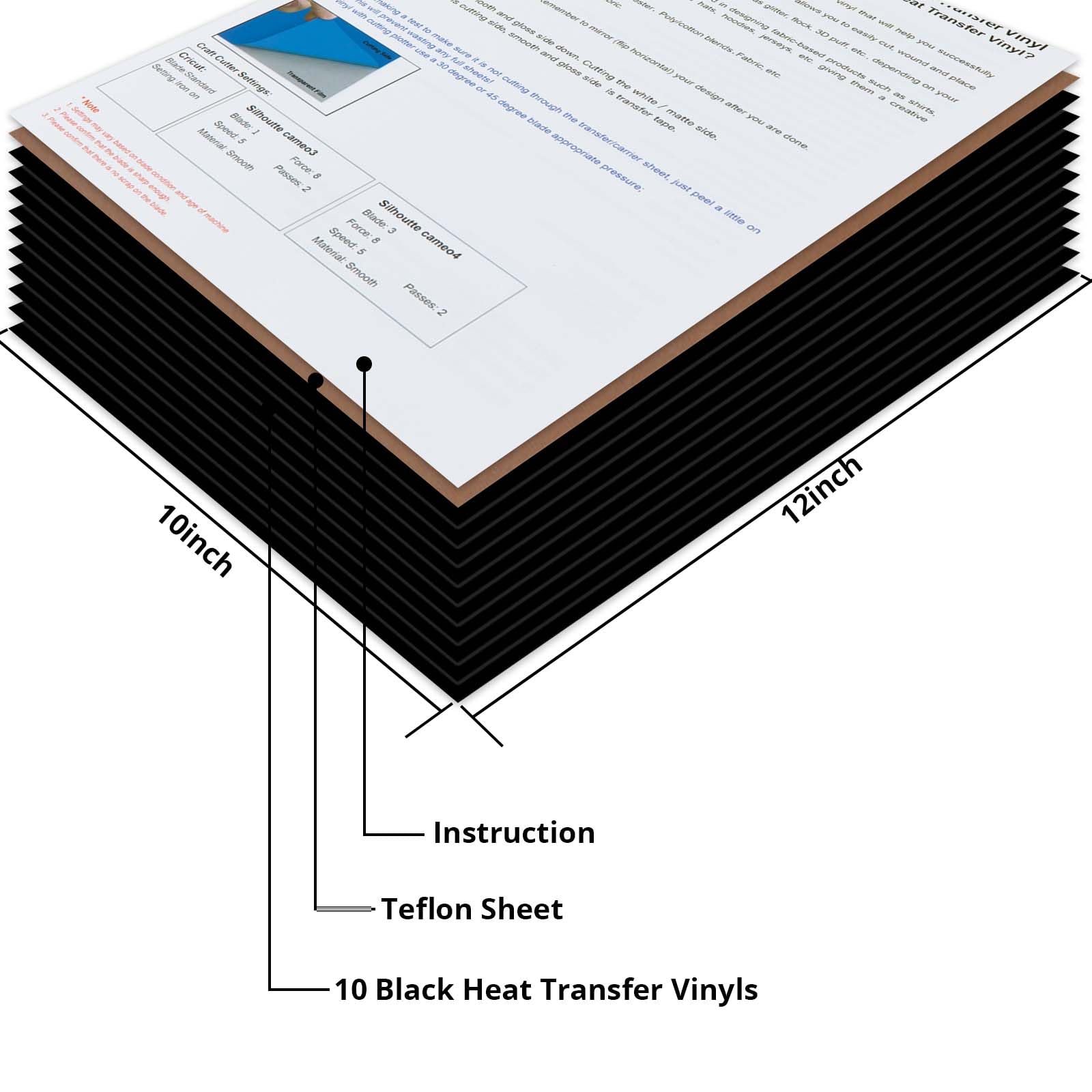 JANDJPACKAGING Black Heat Transfer Vinyl for T- Shirts- 10 Sheets,10"x12" Black HTV Iron On Vinyl for Cricut and Silhouette Cameo Including Teflon Sheet
