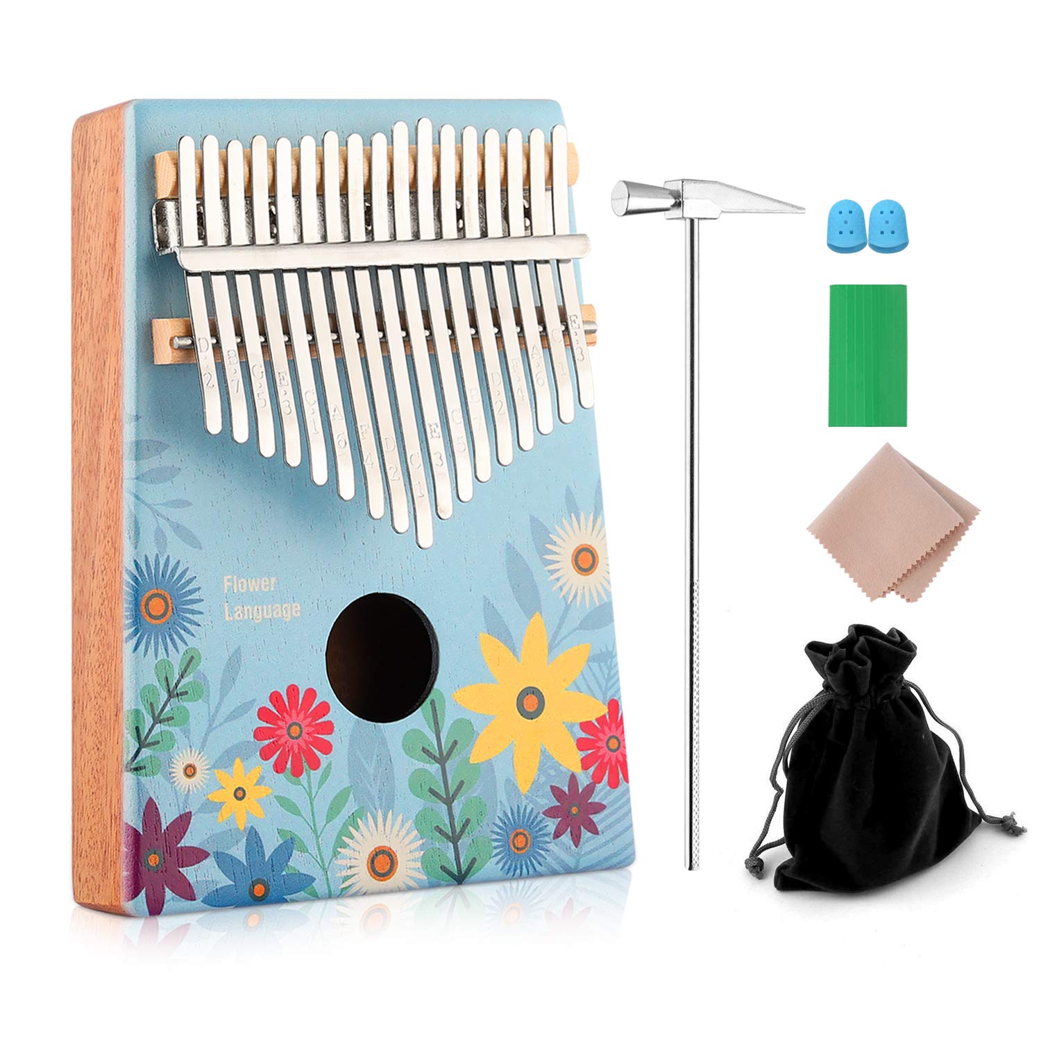 Kalimba 17 key Thumb Piano Finger Piano with Cloth Tuning Kit Hammer, Study Instruction Song Book, Hot Gift for Christmas Birthday Gifts for Kids, Children, Girlfriend (Full Bloom)