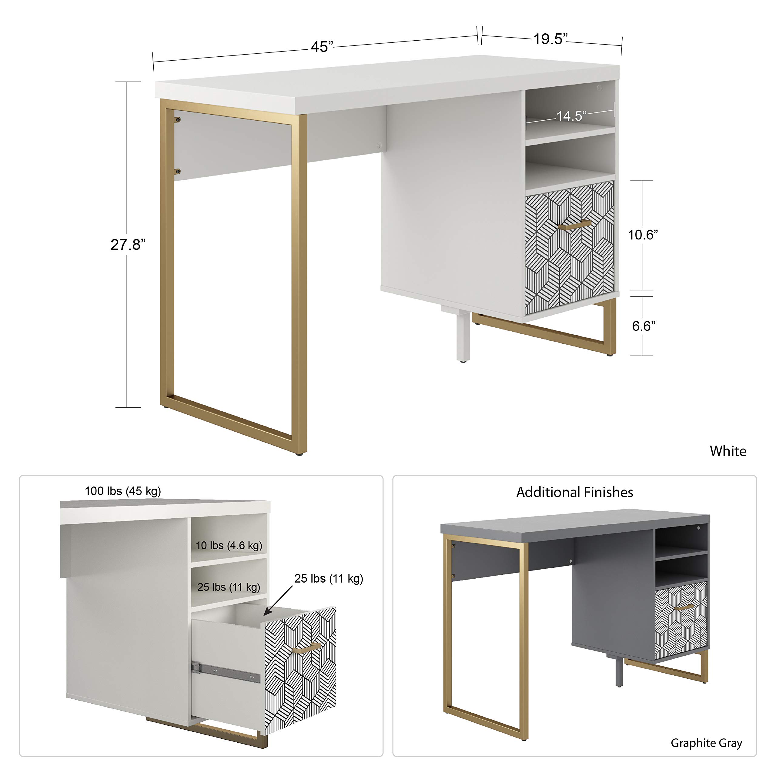 CosmoLiving by Cosmopolitan Scarlett Single Pedestal Desk, White, Model Number: