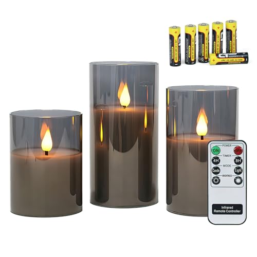 Rhytsing Gray Glass Battery Operated LED Candles with Remote, Flameless Candle Gift Set, Warm White Light - Include 6 Batteries