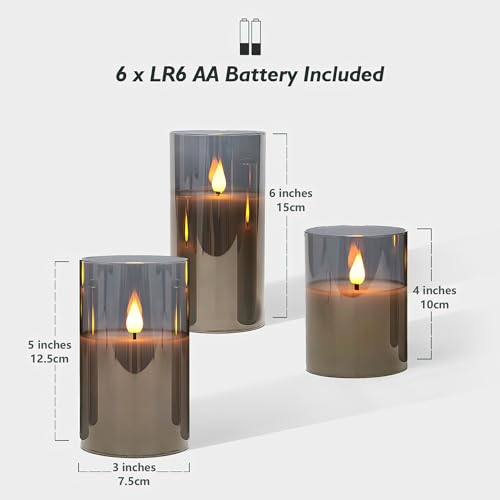 Rhytsing Gray Glass Battery Operated LED Candles with Remote, Flameless Candle Gift Set, Warm White Light - Include 6 Batteries