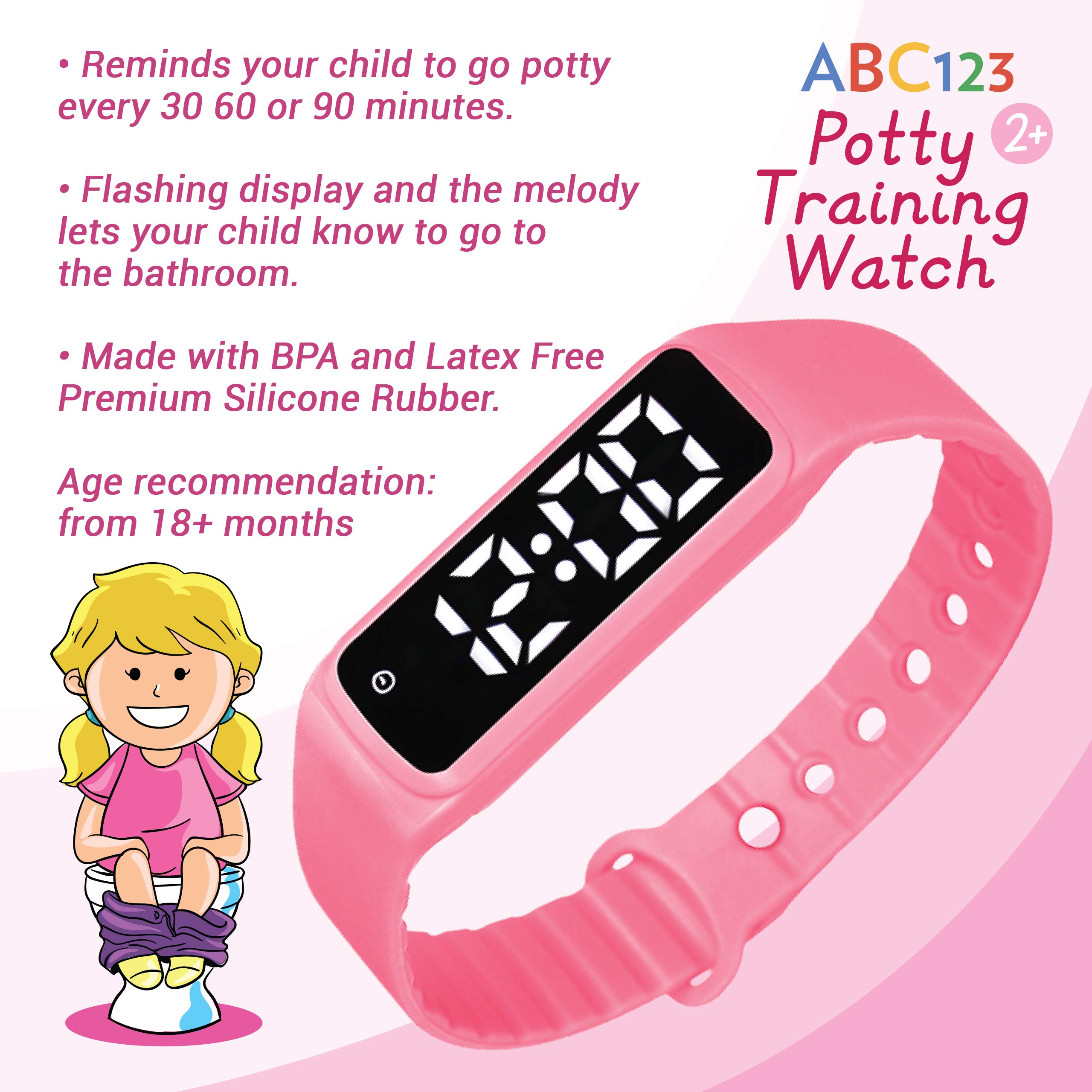 ABC123 Potty Training Watch - Baby Reminder Water Resistant Timer for Toilet Training Kids & Toddler (Pink)