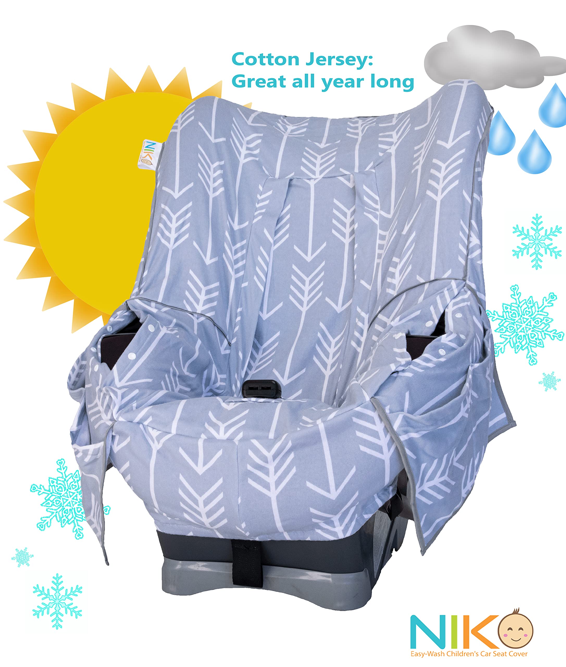 Niko Easy-Wash Children's Car Seat Cover & Liner - Cotton Jersey Gray & White Arrow Pattern - Universal FIT - Crash Tested - Waterproof SEAT Bottom - Easy to Clean - Machine Washable